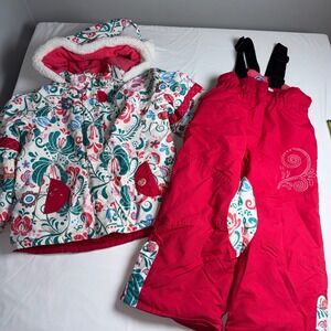 Gagou Tagou Girls 3T Snowsuit Set Floral Hooded Jacket and Red Bib Snow Pants